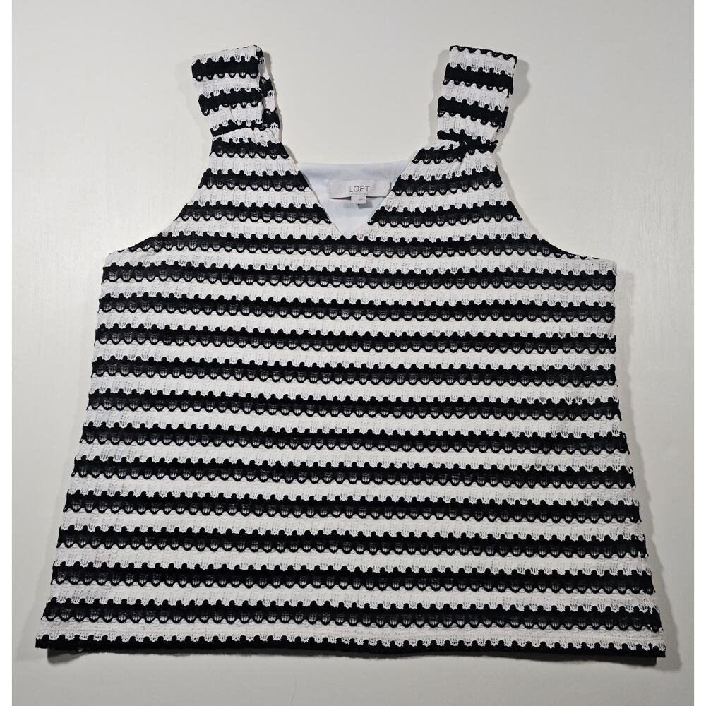 LOFT Black White Textured Knit Tank Top Sleeveless V Neck Women’s Size Large